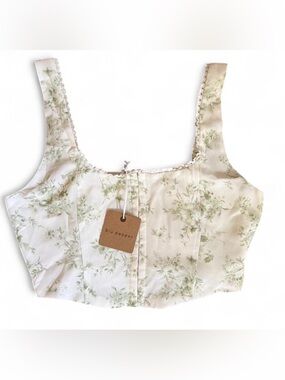 Blu Pepper Cream Floral Square-Neck Crop Top with Sage Botanical Print